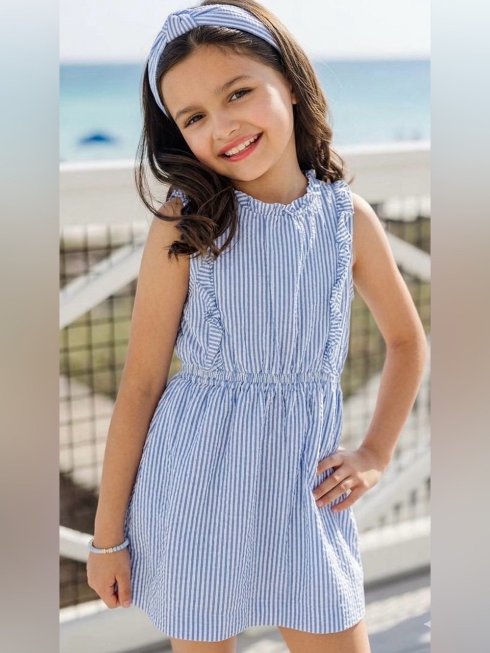 Crewcuts Light Blue & White Striped Sleeveless Dress - Girls 8
